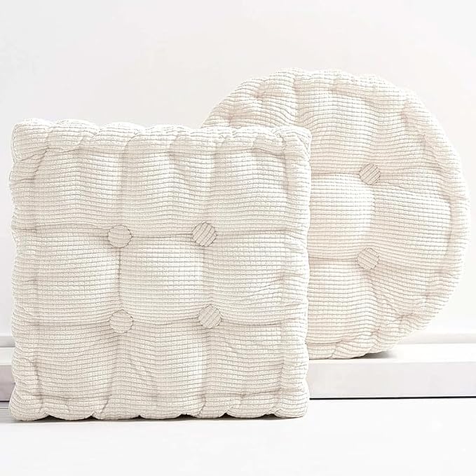 Meditation Floor Pillow Set of 2 Large Square and Round Floor Cushions for Adults White Corduroy Floor Seat Pillows Cushion for Living Room Balcony Tatami Yoga,18x18 Inch