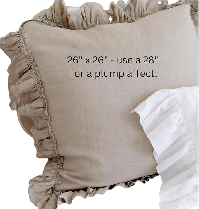 Ruffled Linen Euro Sham 26" x 26" (White) Farmhouse Decor, Super Soft