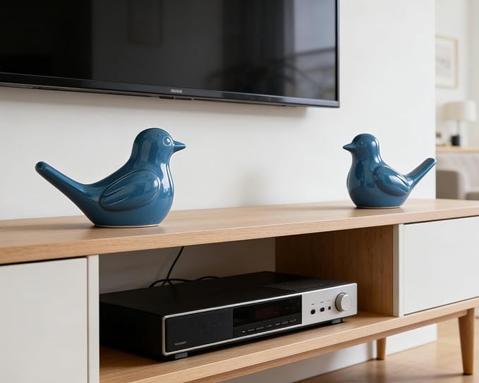 Small Blue Bird Statue Ceramic 2-Piece Set, 3¾ inch Cute Knick Knack for Home Office Shelf Desk Decor