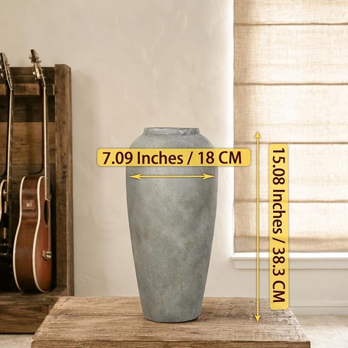 15 Inch Ceramic Rustic Farmhouse Vase, White Grey Handmade Pottery Vase for Living Room & Home Decor, Rustic Flower Vases for Table Centerpieces & Shelf Decoration, Wedding Gifts