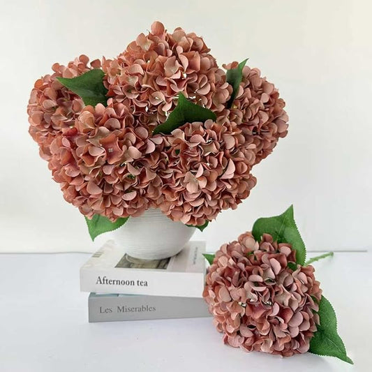 ZYTUYO 5 Pcs Orange Coffee Silk Hydrangeas Artificial Flower Boho Dried Touch 20'' Faux Hydrangeas for Indoor Home Decor Kitchen Living Room Outdoor Porch Wedding Flower Arrangement
