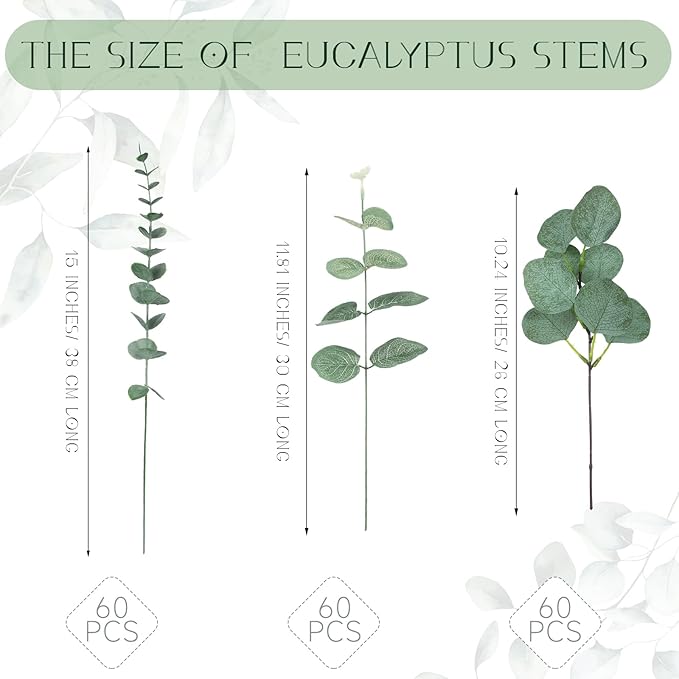 Giegxin 180 Pcs 3 Kinds Mixed Artificial Eucalyptus Leaves Stems Bulk Silver Dollar Leaves Picks Dried Eucalyptus Bundle Faux Spray for Wedding Vase Bouquet Floral Arrangement (Green)
