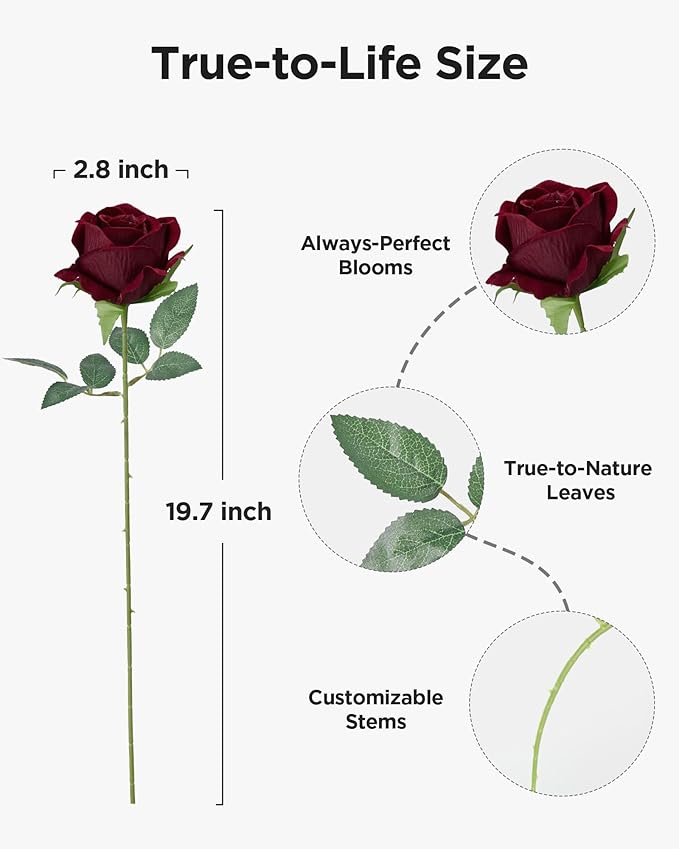 InnoGear 50 Pcs Burgundy Roses Artificial Flowers, Fake Velvet Silk Red Rose Bulk Faux Flower for Decoration Wedding Centerpieces Proposal Bridal Bouquets Shower Party Home Floral Decor (50, Burgundy)