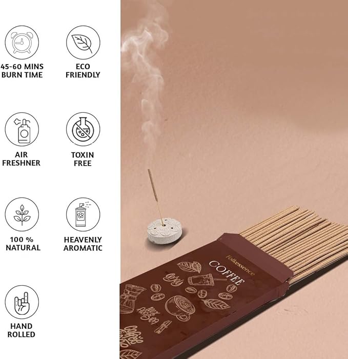 Folkulture Incense Sticks with Holder (100 Sticks)| Premium Coffee Incents Stick for Focus, Energy, Relaxation Gifts for Women | No Charcoal,Organic,Non Toxic, 45 Mins, Long Burning Insence-Sticks