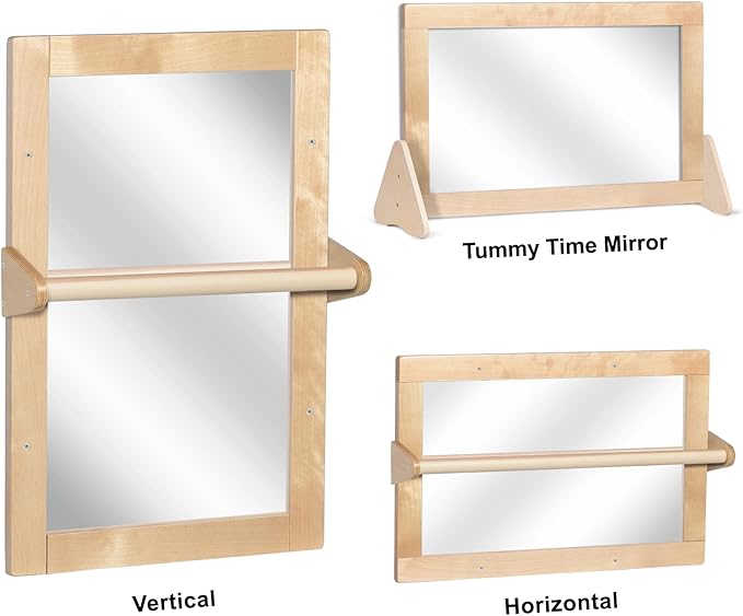 3-in-1 Baby Montessori Wooden Frame Non-Shatter Safety Mirror w/ 2 Pull Up Bars, Infant Coordination Small Mirror for 6-18 Months