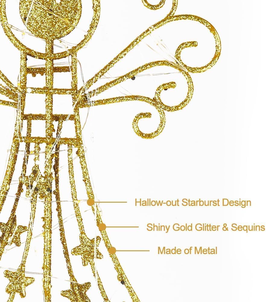 hogardeck Christmas Tree Topper, Glittered Gold Angel Tree Topper for Christmas Treetop, 30 LED Timer Sparkling Tree Toppers for Christmas Tree Decorations