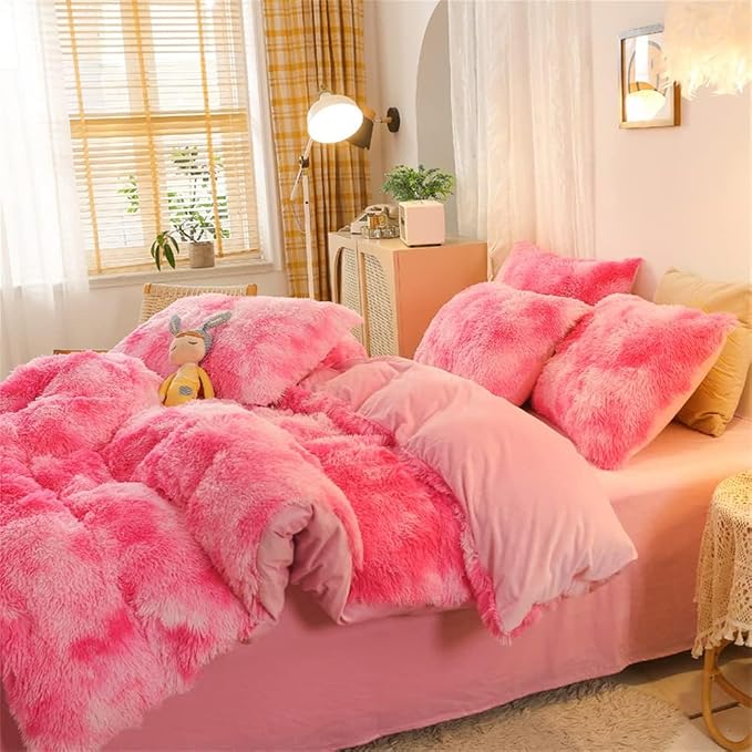 chovy Faux Fur Plush Tie-Dyed Pink Comforter Sets Twin/Full Size - Ultra Soft Shaggy Flannel Velvet Fluffy Fuzzy 3PC Bedding Set （Comforter x 1 Pillowcases x 2）