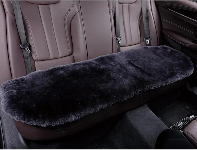 OGLAND Fuzzy Genuine Sheepskin Car Rear Seat Cover for Kids Dogs Pets Auto Bench Back Cushion Interior Accessories with Soft Fluffy Wool Natural Fur, Carbon Black