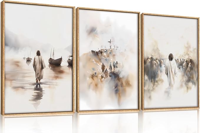 Christian Jesus Framed Canvas Wall Art Set, Vintage Religious Wall Decor,Watercolor Bible Wall Painting, Abstract God Cross Christmas Art Prints for Living Room Bedroom, Church -16"x24"x3