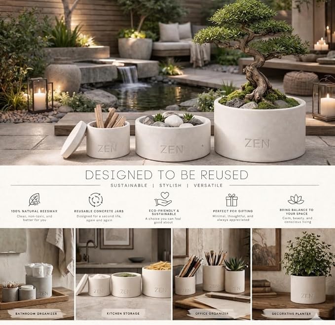 Zen Concrete Candle Lid – Cream Gray Minimalist Home Reusable Jar Plant Pot, Storage – (Cream, Large, BAKARAT)