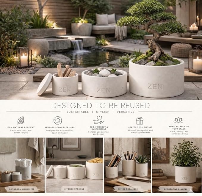Zen Concrete Candle Lid – Cream Gray Minimalist Home Reusable Jar Plant Pot, Storage – (Gray, Large, CLIVE)