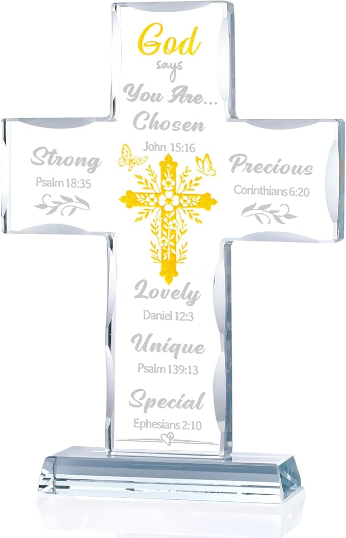 Christian Cross Gifts for Women Men, Religious Gift for Friends, Mom - God Says You Are, Inspirational Bible Verses Glass Stand Cross Spiritual Home Desk Decor
