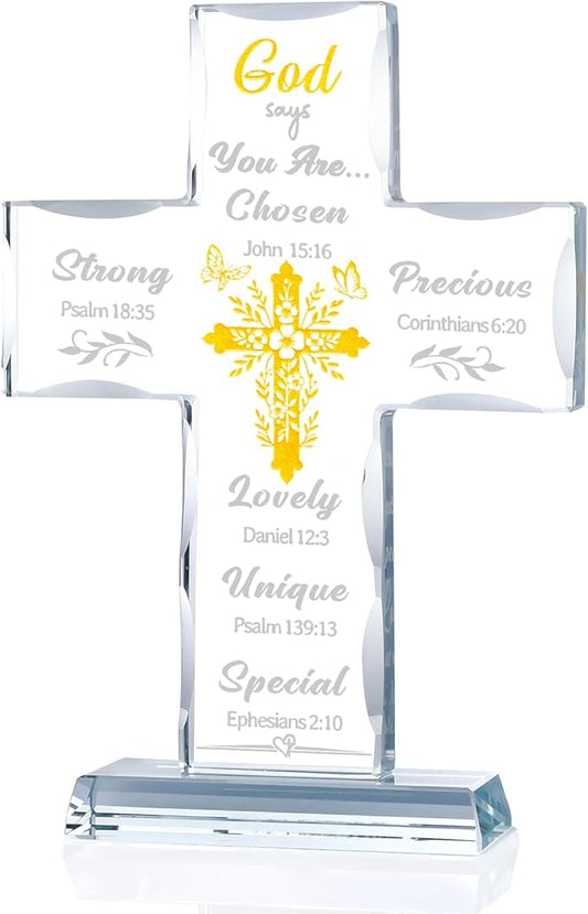 Christian Cross Gifts for Women Men, Religious Gift for Friends, Mom - God Says You Are, Inspirational Bible Verses Glass Stand Cross Spiritual Home Desk Decor