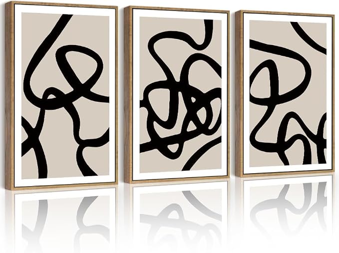 PHOPAGO Black and Gray Abstract Framed Wall Art Large 16x24in Decor Ink Wash Dark Brush Stroke Prints Shapes Illustrations Modern Art Decorative Ready To Hang - Natural Framed