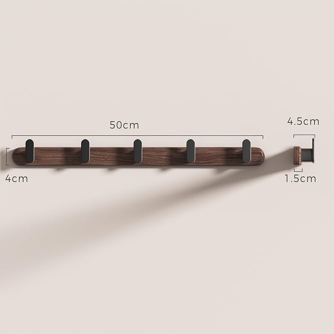 Jugen Coat Rack Wall Mount – Solid Black Walnut with 5 Heavy Duty Matte Black Hooks, Wooden Wall Coat Rack for Entryway, Coats, Hats & Bags - 19.7in, No Drill Adhesive or Hidden Screw Mount