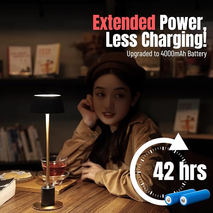 Cordless Lamp Set of 2, Rechargeable and Battery Operated, Powered by 4000mAh Battery, 42-Hour Run Time, Dimmable, Black and Gold Lamp for Bedrooms, Restaurant, Buffet, Patio