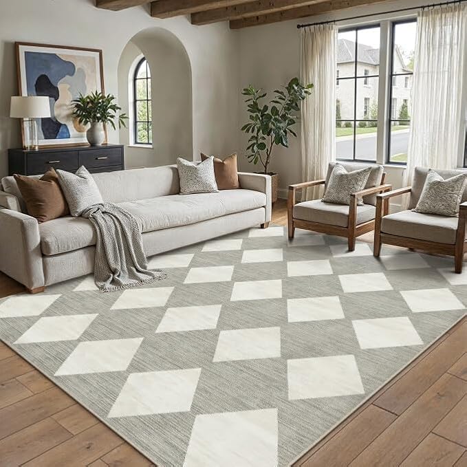 PureCozy 5x7 Checkered Area Rugs for Living Room Gray Machine Washable Modern Soft Large Rug Non-Slip Low Pile Accent Indoor Office Carpet for Bedroom Dining Room Nursery Classroom