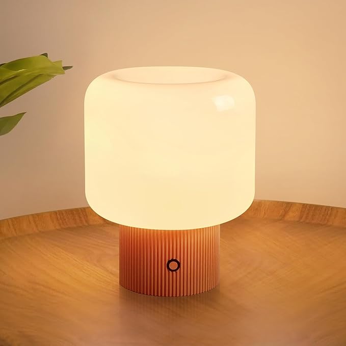 MAGCHARM Halo Mushroom Lamp, 5W Cute Cordless Rechargeable Table Lamp with Glass Shade, 3-Color Dimmable Small Retro Touch Bedside Lamp for Bedroom Ambient Decor (Orange)