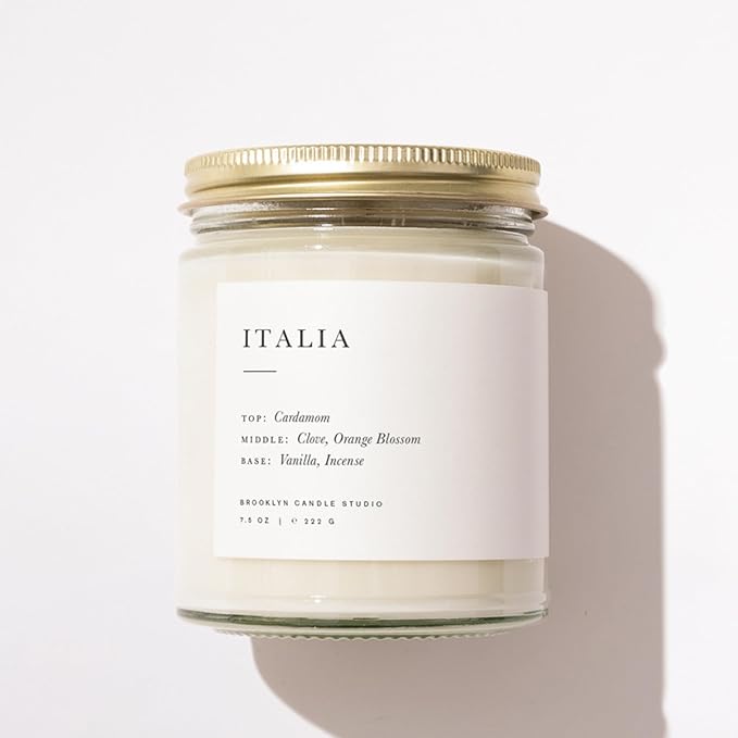 Brooklyn Candle Studio Italia Jar Candle - Luxury Scented Candle, Vegan Soy Wax, Hand Poured in The USA, 50 Hour Slow Burn Time - 7.5oz