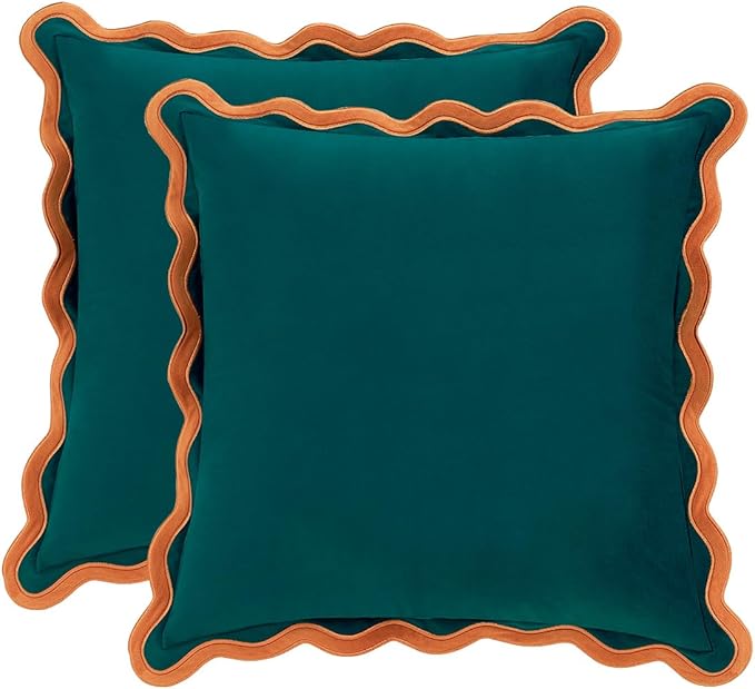 MONDAY MOOSE Decorative Throw Pillow Covers Cushion Cases, Set of 2 Soft Velvet Scalloped Wavy Edge Designs, Mix and Match for Home Decor, Pillow Inserts Not Included (16x16 inch, Coral/Dark Teal)
