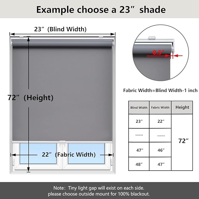 Cordless Roller Shades Blackout Blinds for Windows Room Darkening Rolled Up Shades with Spring System, UV Protection Window Shades Door Blinds for Home and Office (67" W x 72" H, Grey)