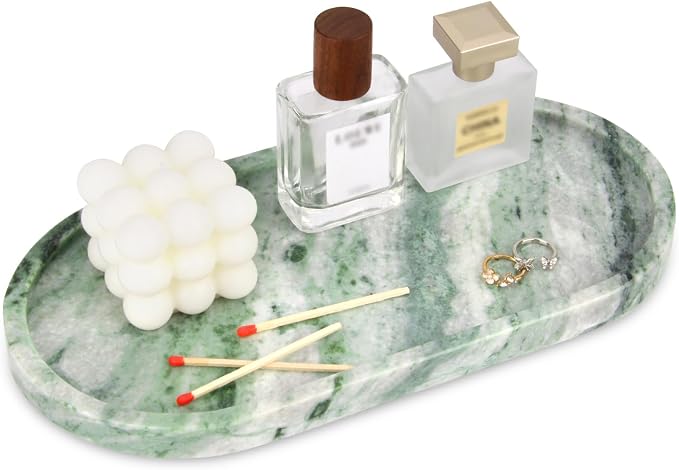 Oval Marble Bathroom Vanity Tray, Natural Luxury Marble Home Kitchen Bathroom Table Tray, Stone Decorative Countertop Tray for Coffee Perfume Jewelry (Green Emerald, 12" x 6" x 0.8")