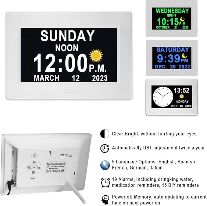 MASSII 𝗨𝗽𝗴𝗿𝗮𝗱𝗲𝗱 Dementia Clock 27 Alarms with Auto DST, DIY Custom Reminders,10 Auto-Dim Options, Non-Abbreviated Digital Clock for Elderly, Memory Battery Included (7 Inch with Remote)