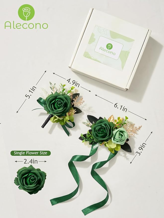 Alecono Green Corsage and Boutonniere Set, Corsages for Bride Bridesmaid Groom Bridegroom, Artificial Flowers for Prom Graduation Ceremony Anniversary