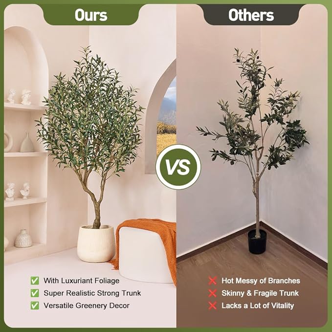 Artificial Olive Tree 6FT Fake Plants Indoor - UV Resistant Faux Olive Tree in Black Pot, Outdoor Tall Faux Silk Tree - Fake Trees for Modern Home Decor,Living Room, Office, Patio, Balcony, VN154
