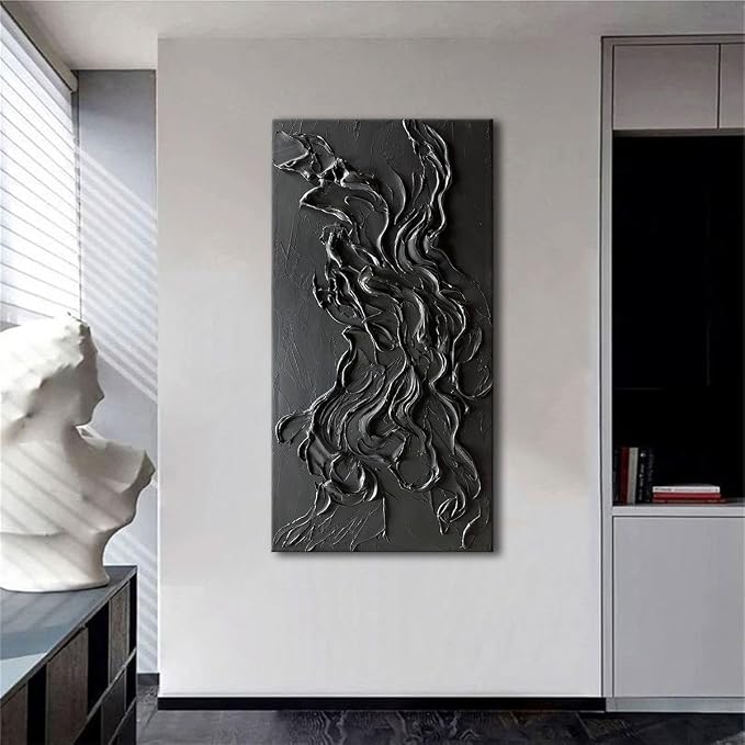 zoinart Hand Painted Large Black Wall Art 30"x60" Thick Texture Minimalist Oil Paintings Contemporary Art Oil on Canvas Abstract Textured Wall Art Pure Black Wall Art