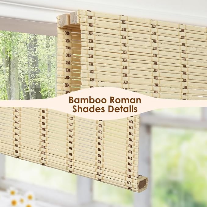 Cordless Bamboo Roman Shades, Light Filtering Bamboo Blinds Shades for Indoor Windows, UV Protection Roll Up Blinds for Home, Office, 20" W x 64" H, Beige