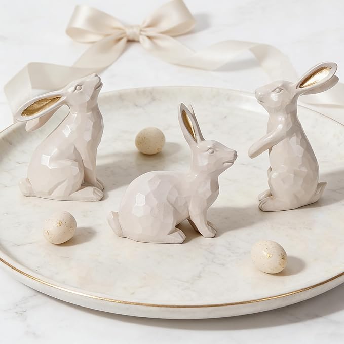 DN DECONATION Easter Bunny Figurines, Small Decorative Bunny Statue Set of 3, Beige & Gold Easter Rabbit for Modern Tabletop Decor Home Spring Decoration Gift, Resin Sculptures Decor