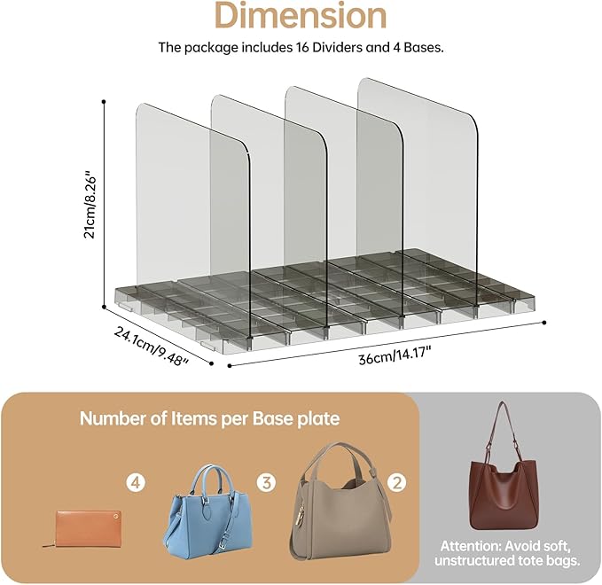 PAVSTINE Purse Organizer for Closet, Stackable Handbag Storage Shelf, Adjustable Clear Shelf Dividers, Keep Clutch, Bag, Pocketbook Upright, for Bedroom (Black)