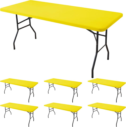 Fitted Tablecloth for 8 Foot Rectangle Tables-6 Pack Yellow Elastic Outdoor Picnic Table Cover-Spandex Stretch Folding Table Cloths 8ft for Camping Dining Room Patio Kitchen Banquet Party