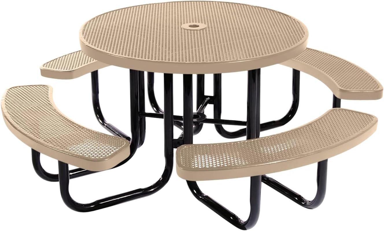 Coated Outdoor Furniture Heavy-Duty Portable Outdoor Picnic Table with Umbrella Hole, Punched Steel Commercial-Grade Patio Dining Furniture Made in America (46" Round Top, Tan)