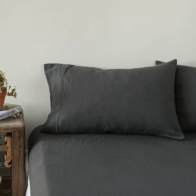 Simple&Opulence 100% French Linen Pillowcase Queen Size-Set of 2- Washed Solid Color Pillow Cases Embroidered -Soft and Durable (Dark Grey, 20''x30'')