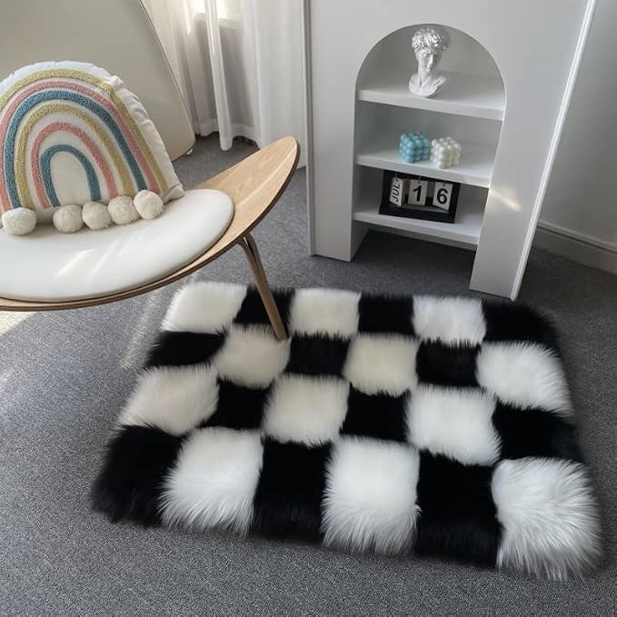 Faux Fur Black and White Checkered Rug, 2x3 Ft | Fluffy, Ultra Soft Shaggy Plush, For Bedroom Living Room Bedside Nursery Kids Room