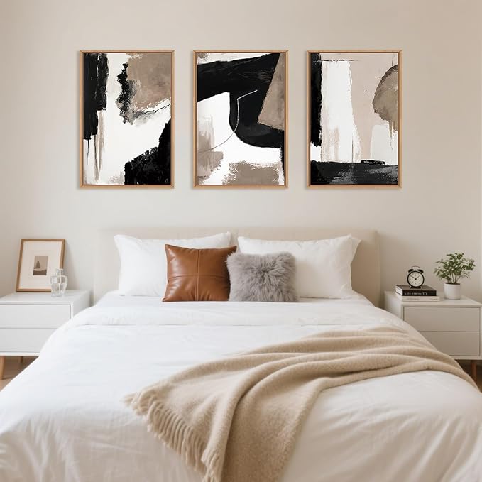Large Modern Abstract Framed Canvas Wall Art Set, Neutral Black and Beige Color Block Wall Decor,Minimalist Pastel Tan Art Printing for Living Room,Bedroom,Office-16 x24 x3