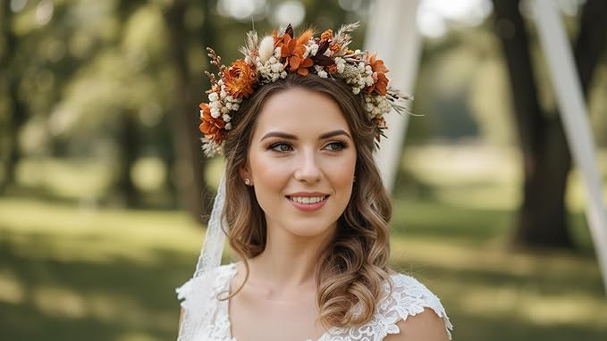Preserved Dried Flower Crown,Burnt Orange Terracotta Cream, Rustic Wedding Wreath Headband for Brides Bridesmaids Maternity Family Photography