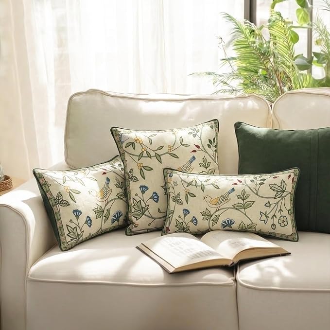 bilin gaier Designer Vintage Linen Throw Pillow Cover,20"x12"-Idaho A | Elegant Rectangular Pillow Cover,Concealed Zipper,Floral and Bird Pattern,Sofas,Bedroom,Living Room,Lounge Chairs