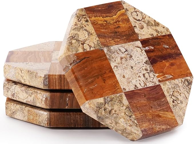 Marble Coasters Set of 4, Coral and Red Handmade 4 inch Star Natural Marble Coaster, Elegant Drink Checkered Coasters for Coffee Table, Stylish Bar Accessories & Home Décor