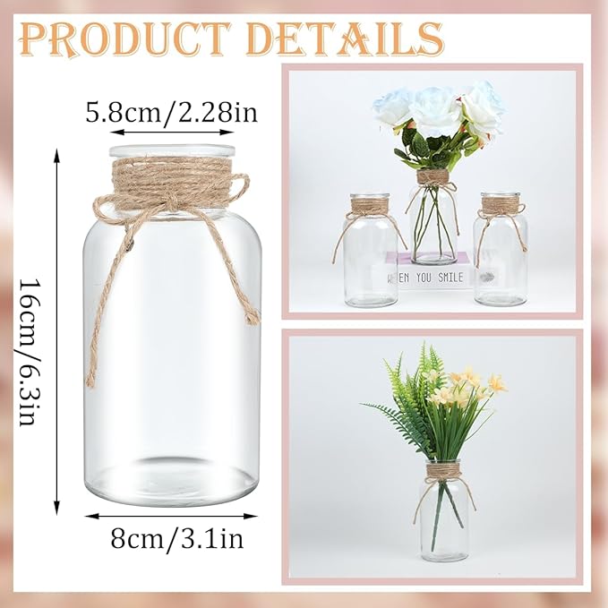 Vintage Glass Flower Vase, Farmhouse Glass Centerpiece Vases Mason Jars for Weddings, Parties & Home Decor Bulk (3, Transparent)