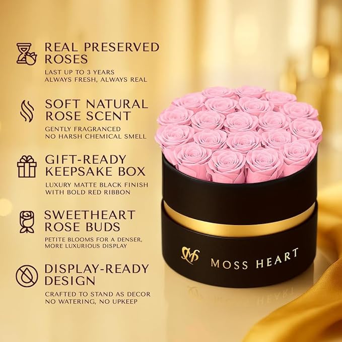 20 Mini Preserved Roses, Round Luxury Gift Box, Real Forever Roses Last 1+ Year, Premium Romantic Gift for Women, Wife, Girlfriend, Mother’s Day, Birthday, Anniversary, Valentine’s Day