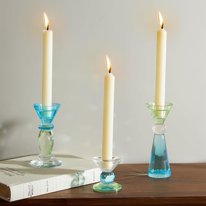 DN DECONATION Glass Candle Holder, Blue Clear Crystal Candlesticks Holders | Set of 3, Crystal Tealight Candles Holder for Table Centerpiece Wedding Decorations Housewarming Gift Living Room Party