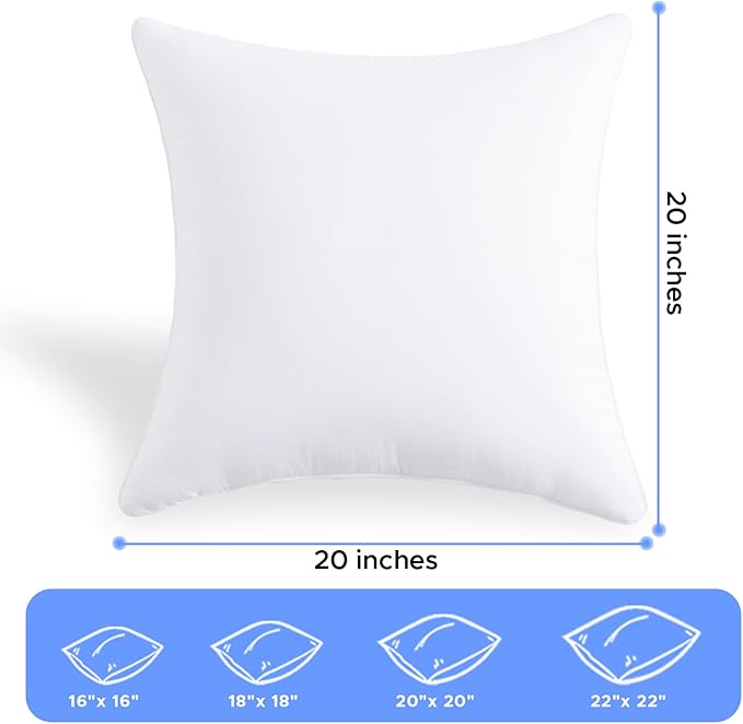 20x20 Outdoor Pillow Inserts Set of 2 Waterproof Hypoallergenic Large Throw Cushion Fillers – Square Polyester White Decorative Pillows for Couch Bed Sofa Patio Furniture – Soft & Firm Support