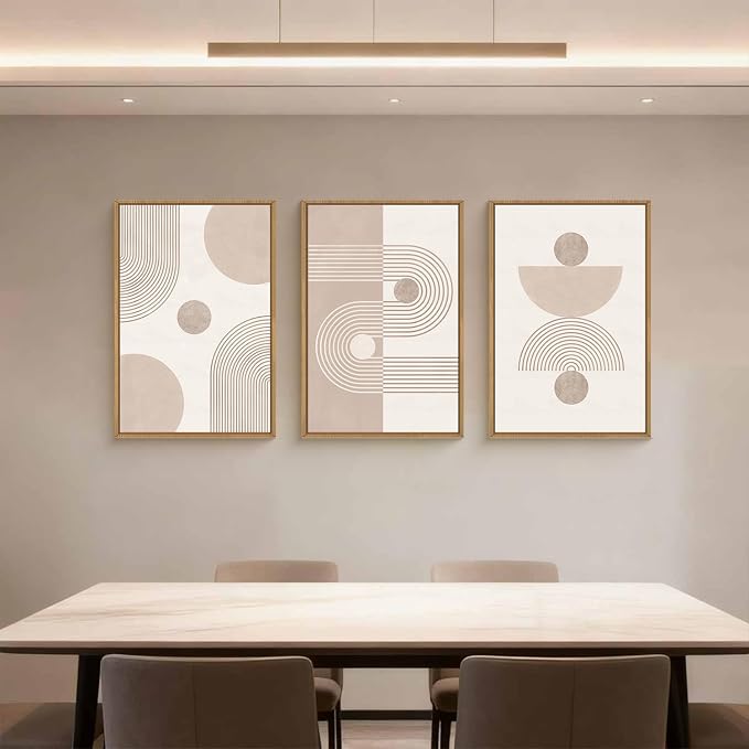 HPINUB Boho Abstract Framed Canvas Wall Art Set, Beige Mid Century Wall Decor, Neutral Geometric Minimalist Line Artwork for Living Room, Bedroom, Dining Room, Office, Bathroom - 24"x36"x3