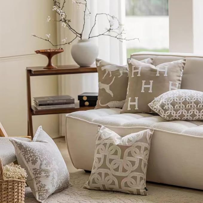 Croker Horse 20x20'' Inches Throw Pillow Cushion Cover - Beige H Letter Embroidery Modern Fashion Style Couch Sofa Pillow Cover for Living Room Bedroom