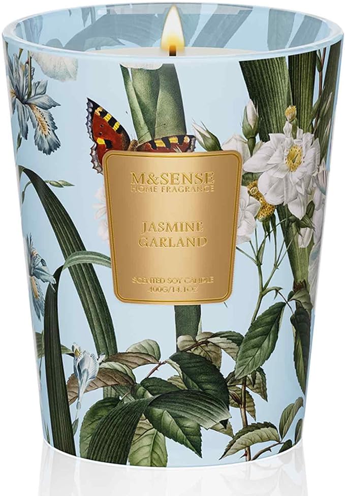 M&SENSE Jasmine Garland Soy Candle, 14.1oz, Floral Spa Yoga Gift | 60H Long Burn, Non-Toxic, Meditation Relaxation, Stress Relief, Floral Home Fragrance, Gift for Women