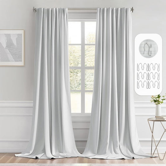 MIULEE Back Tab Light Blocking Curtains 120 Inch Long 2 Panels Set for Living Room Bedroom, Greyish White Rod Pocket/Pinch Pleated Extra Long Thermal Insulated Room Darkening Blackout Curtains/Drapes