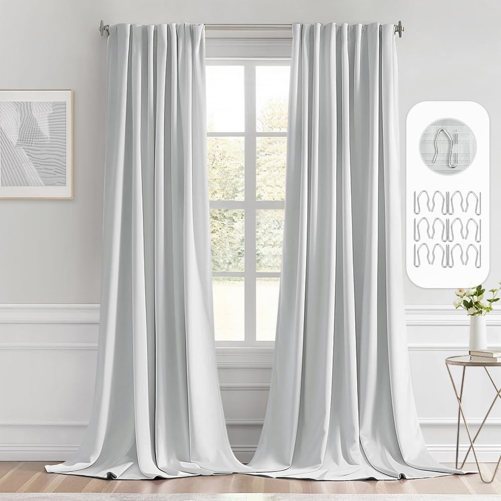 MIULEE Back Tab Light Blocking Curtains 96 Inch Long 2 Panels Set for Living Room Bedroom, Greyish White Rod Pocket/Pinch Pleated Thermal Insulated Room Darkening Floor to Ceiling Blackout Drapes